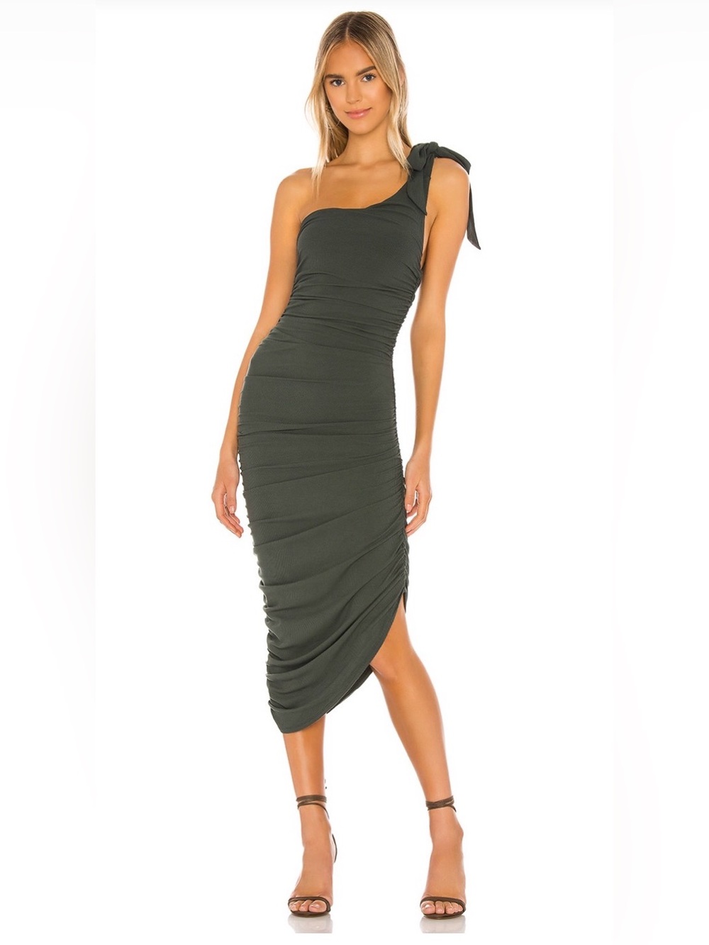 MAJORELLE Olive One-Shoulder Ruched Midi Dress with Tie Strap